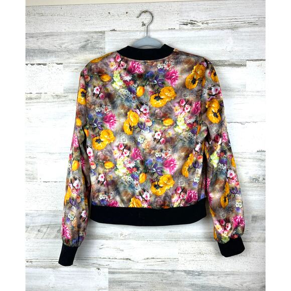 Yoki Women’s Large Yellow Floral Satin Bomber Jacket Zip Up Lightweight Colorful - Picture 3 of 7